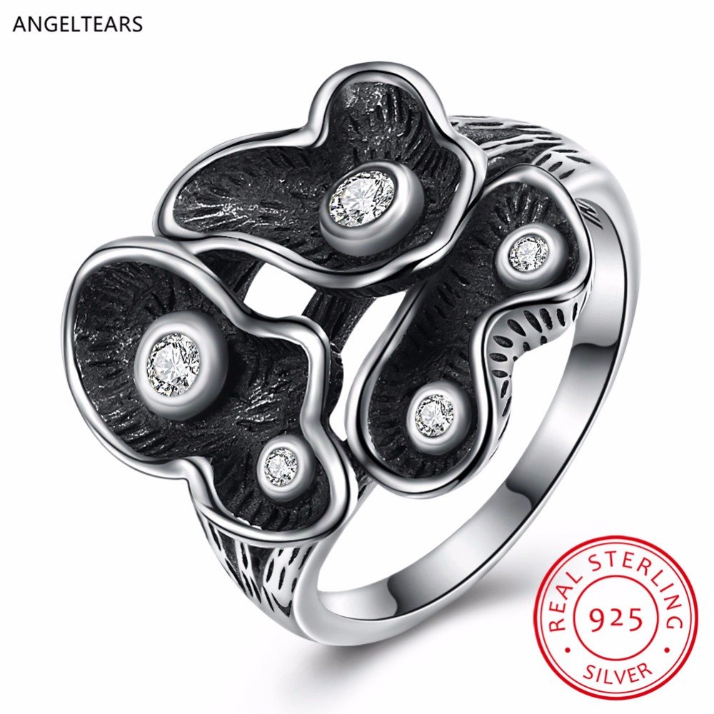 Creative Design 925 Sterling Silver Plant Shape Finger Ring with Zircon Fashion Vintage Party Fine Gift Jewelry anel bague
