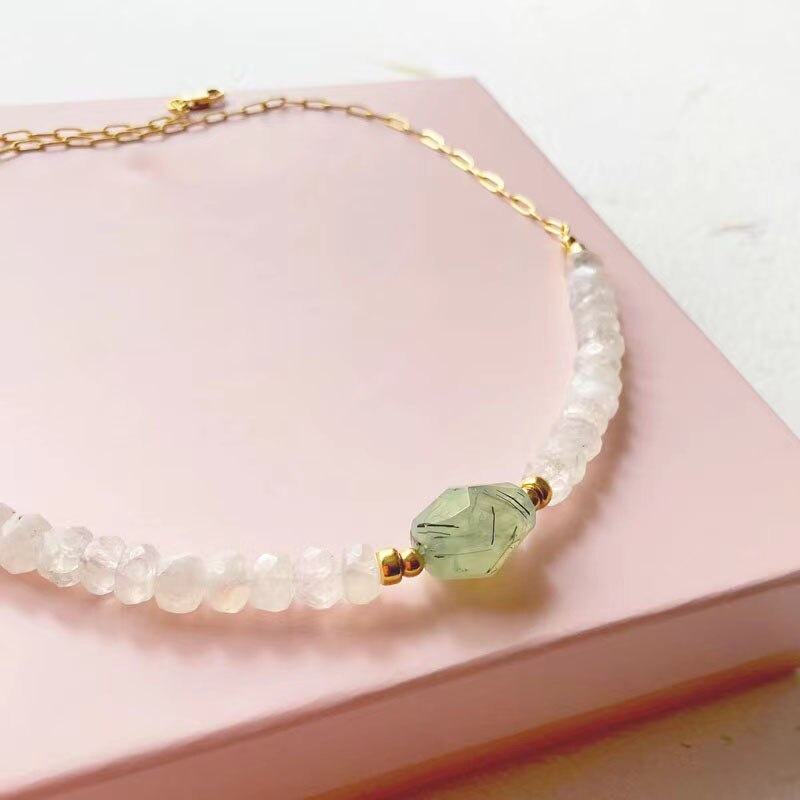 Creative Design Faceted Crushed Stone Necklace Punk Gold-color Stainless Steel Chain Collar For Women Man Light Green Stone Chok