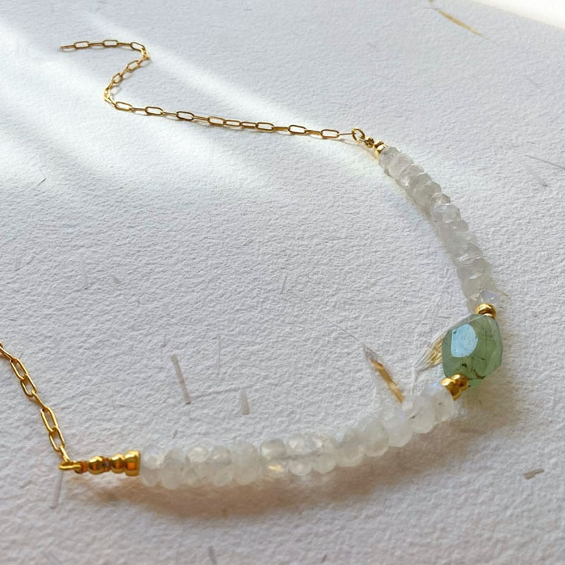 Creative Design Faceted Crushed Stone Necklace Punk Gold-color Stainless Steel Chain Collar For Women Man Light Green Stone Chok