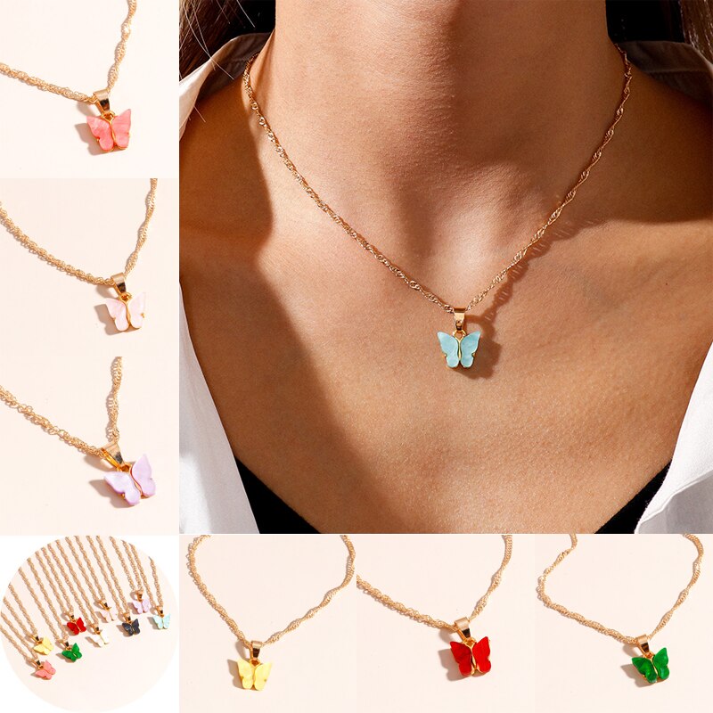 Creative Enamel Mini Butterfly Necklaces for Women Colourful Animals Chain Necklaces Pendants GIrl Daily Jewelry Gifts