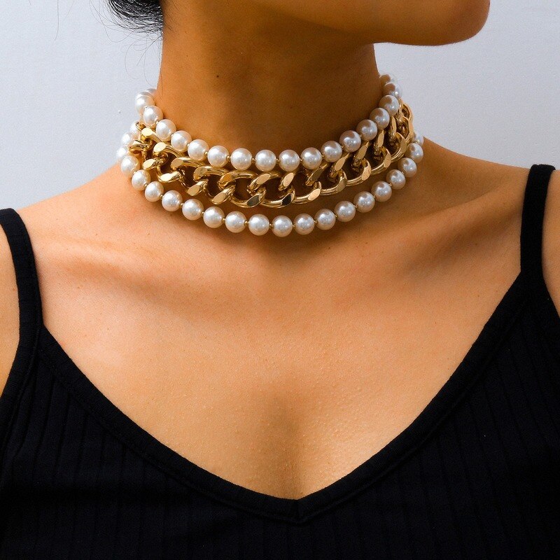Creative Exaggerated Multi-layer Imitation Pearl Necklace Geometric Metal Thick Chain Necklace Female Jewelry