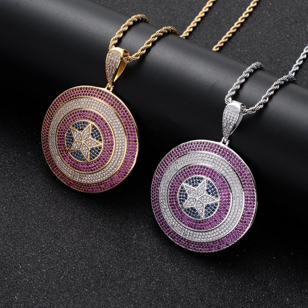 Creative Full Cubic Zircon Captain America Shield Pendant Anime Superhero Hip Hop Iced Out Jewelry For Men