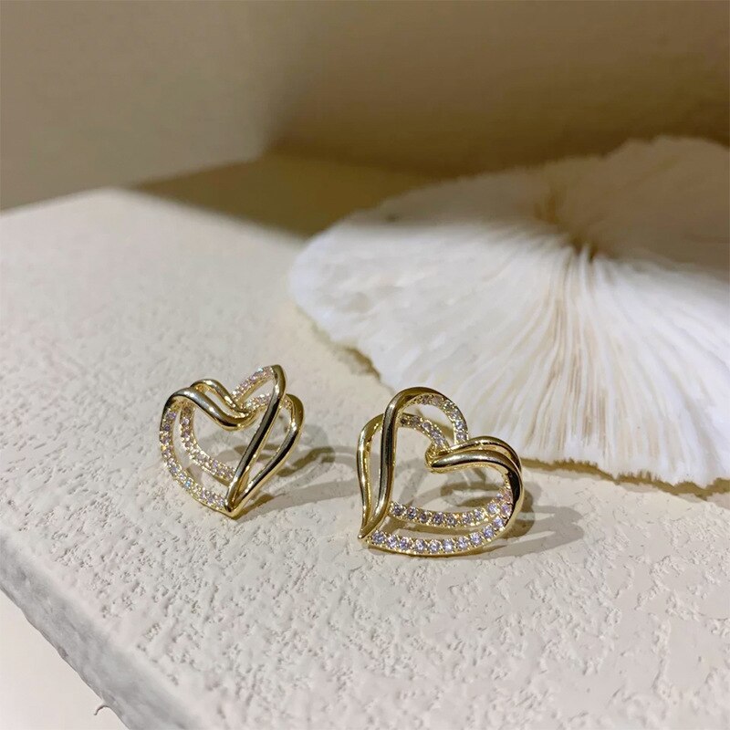 Creative Laminated Staggered Gold Peach Heart Micro Set Zircon Earrings For women's 2022 Girls Jewelry Accessories