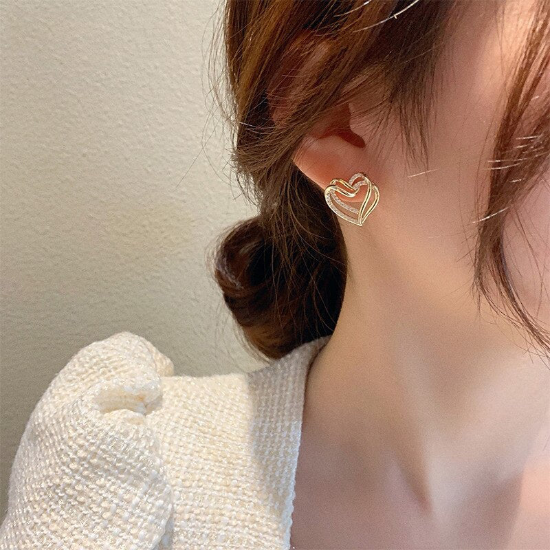 Creative Laminated Staggered Gold Peach Heart Micro Set Zircon Earrings For women's 2022 Girls Jewelry Accessories