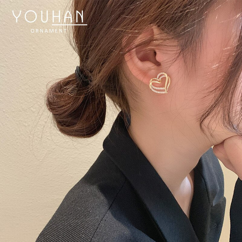 Creative Laminated Staggered Gold Peach Heart Micro Set Zircon Earrings For women's 2022 Girls Jewelry Accessories