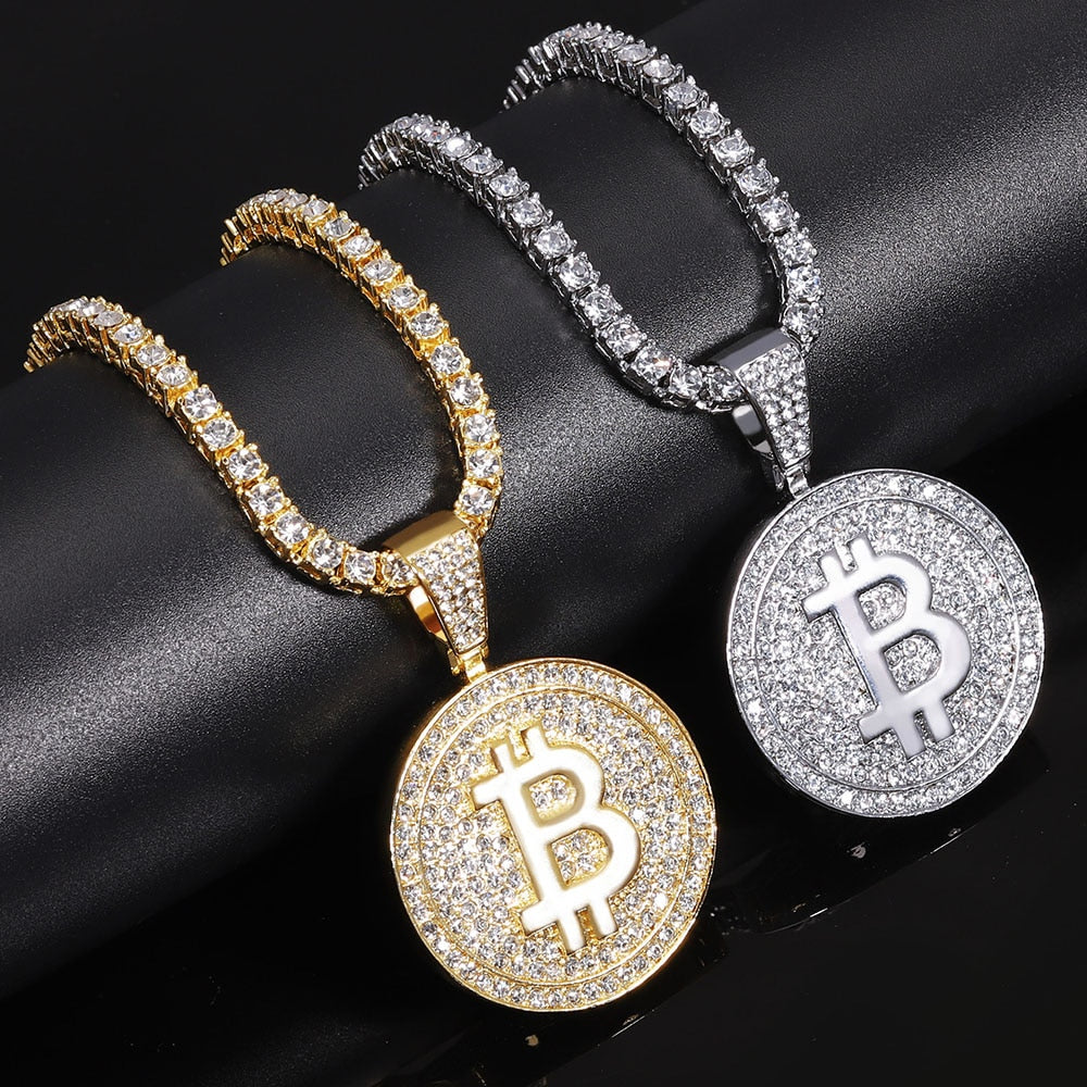 Creative Bitcoin Hip Hop Tennis Necklace Souvenir Collection Gift Bitcoin Ethereum Litecoin Cuba Necklace Gift