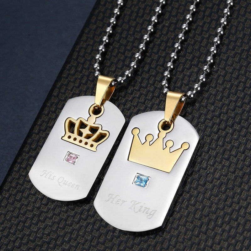 Creative Personality Crown Couple Jewelry Her King His Queen Letter Pendant Choker Necklace Stainless Steel Accessories Jewelry