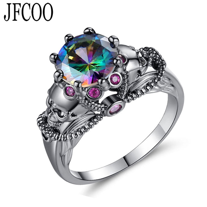 Creative Punk Colorful Zircon Black Gold Color Skull Ring For wedding Women Party Jewelry Rings