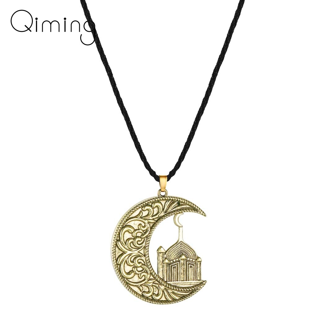 Crescent Moon And Mosque Islamic Pendant Necklace For Women Men Turkish Religious Jewelry Muslim Necklace Gift