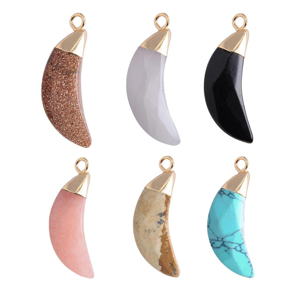 Crescent Moon Shaped Charm Natural Stone Pendant with Gold Plated Brass Bail Chakra Healing Point Reiki with Chain
