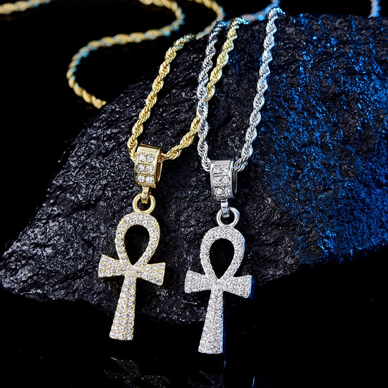 Cross Alloy Pendant For Men Gold/Silver Key of Life Egyptian Charm Necklace Hop Jewelry Iced Out Crystal Ankh Bling Bling