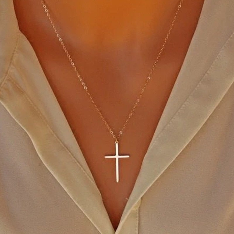Cross Necklace Simple Necklaces Jesus Women Chain Ladies Pendant Girls Jewelry Yellow Gold Color Vintage European Metal Collares