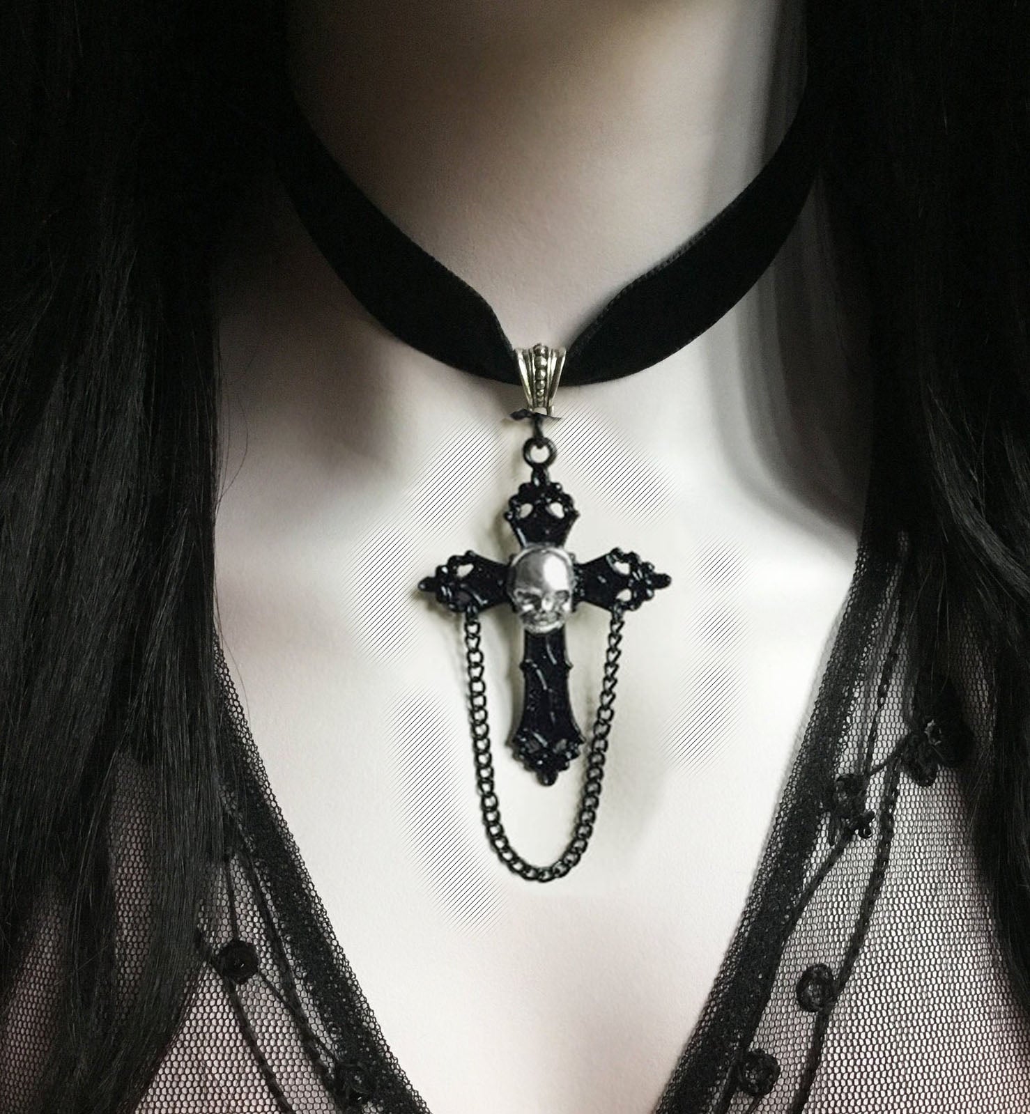 Cross Skull Choker Necklace, Gothic Victorian Black Cameo