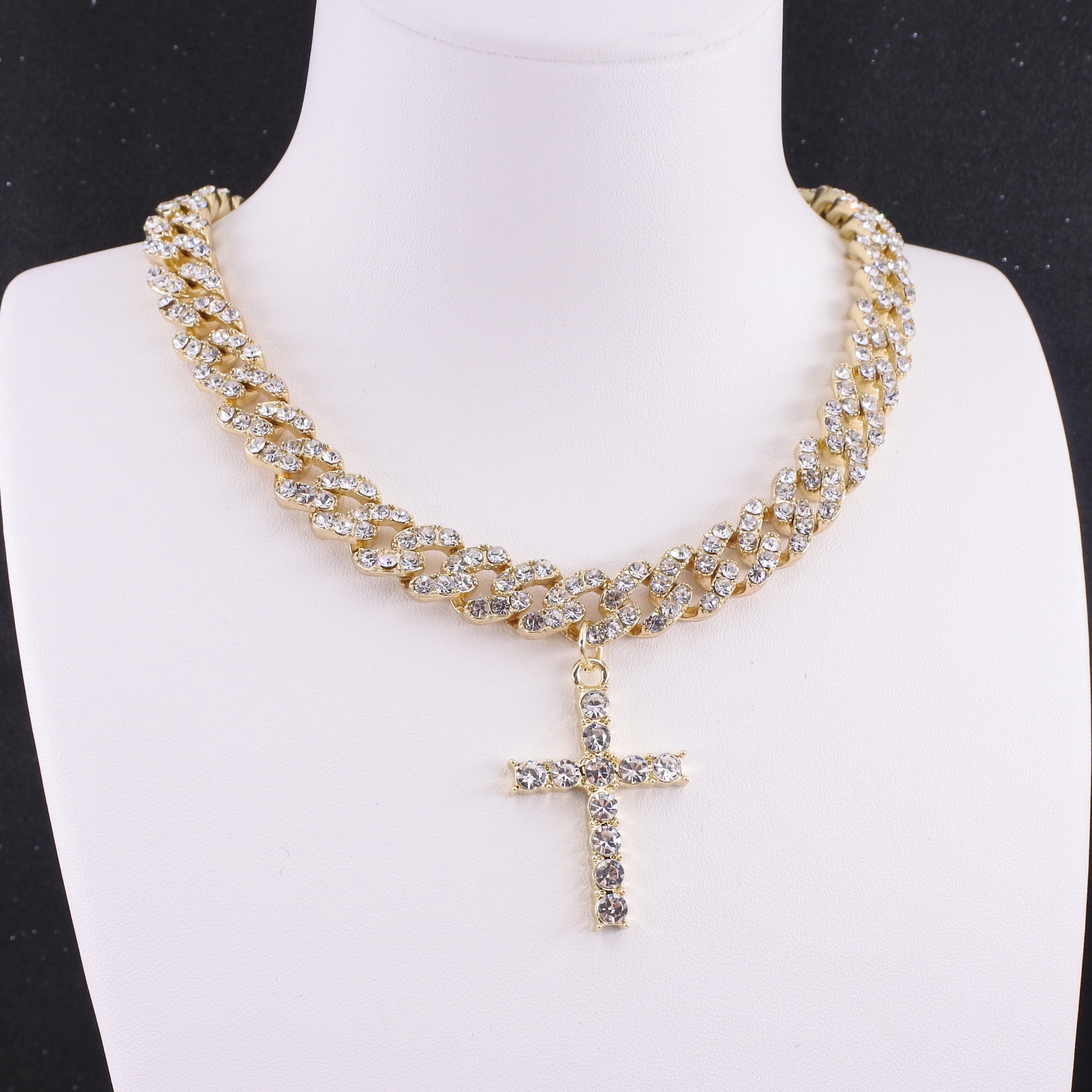 Cross pendant 10mm hip hop miami cuban link chain men's iced necklace women's rapper singer crystal jewelry religion rock roll