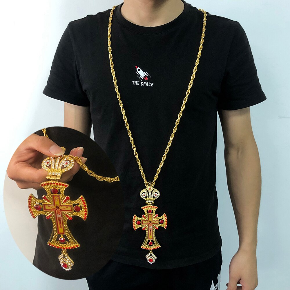 Crown Pectoral Cross Orthodox Jesus Crucifix Necklace Retro Religious crystal necklace Men &  women chain Long Necklace with box