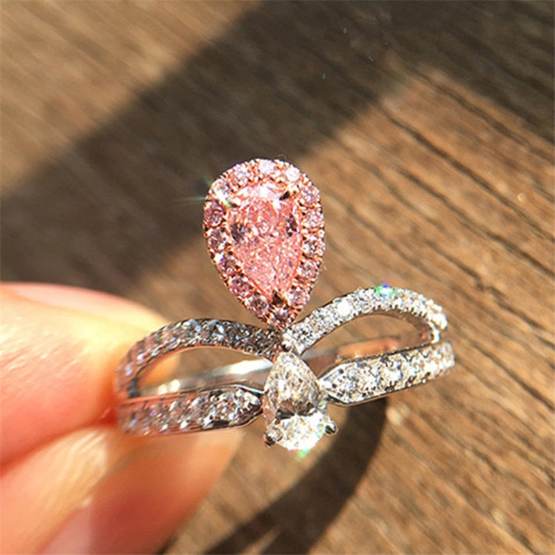 Crown Rings For Women S925 Sterling Silver Fine Jewelry Pink Cubic Zirconia Water Drop-Shaped Luxury Elegant Bridal Wedding Ring