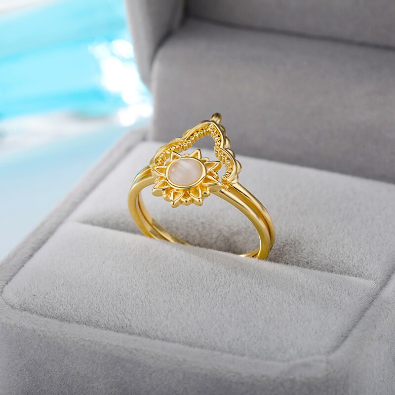 Crown Rings for Women Stainless Steel Gold Color Sun Opal Ring 2023 Trend Aesthetic Couple Jewelry Gift bague femme