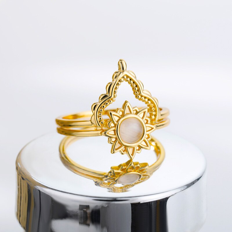 Crown Rings for Women Stainless Steel Gold Color Sun Opal Ring 2023 Trend Aesthetic Couple Jewelry Gift bague femme