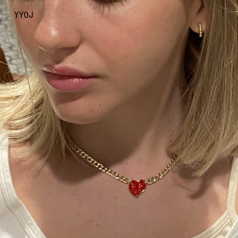 Cry face red heart necklace for women stainless steel cuban link chain necklace y2k necklace cute kawaii 2000s aesthetic jewelry