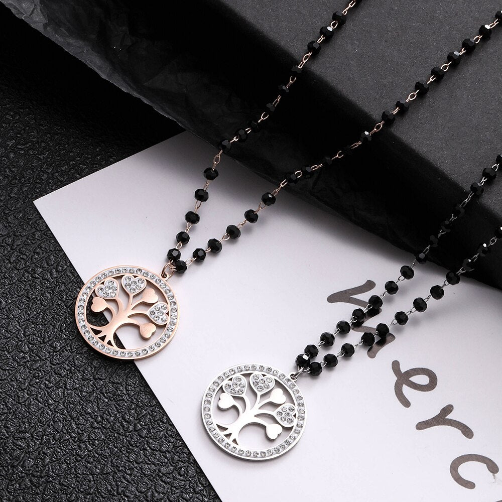Crystal Beaded Necklaces for Women Statement Tree of Life Pendant Stainless Steel Necklace Trend Jewelry 2022