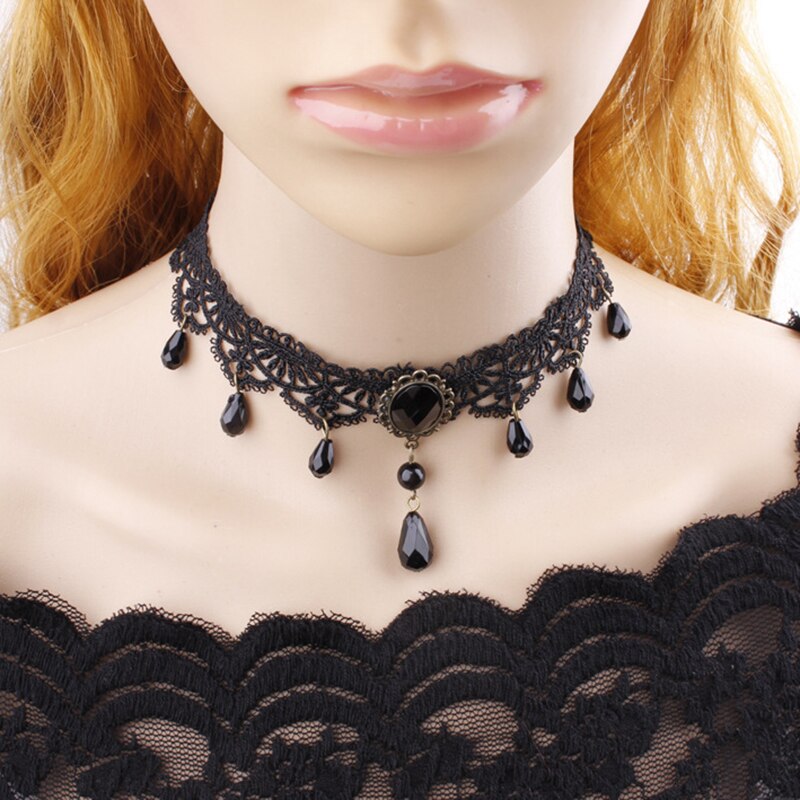 Crystal Black Lace Neck Choker Necklace Vintage Victorian Women Chocker Steampunk Jewelry Collares Sexy Gothic Chokers