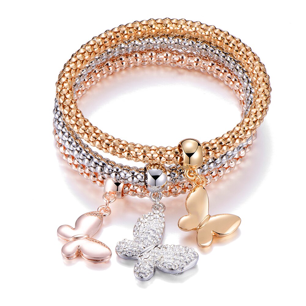 Crystal Buttefly Charm Bracelets & Bangles For Women 3pcs Gold Silvery Mix Color Elastic Popcorn Chain Hand Bracelet 2022 New