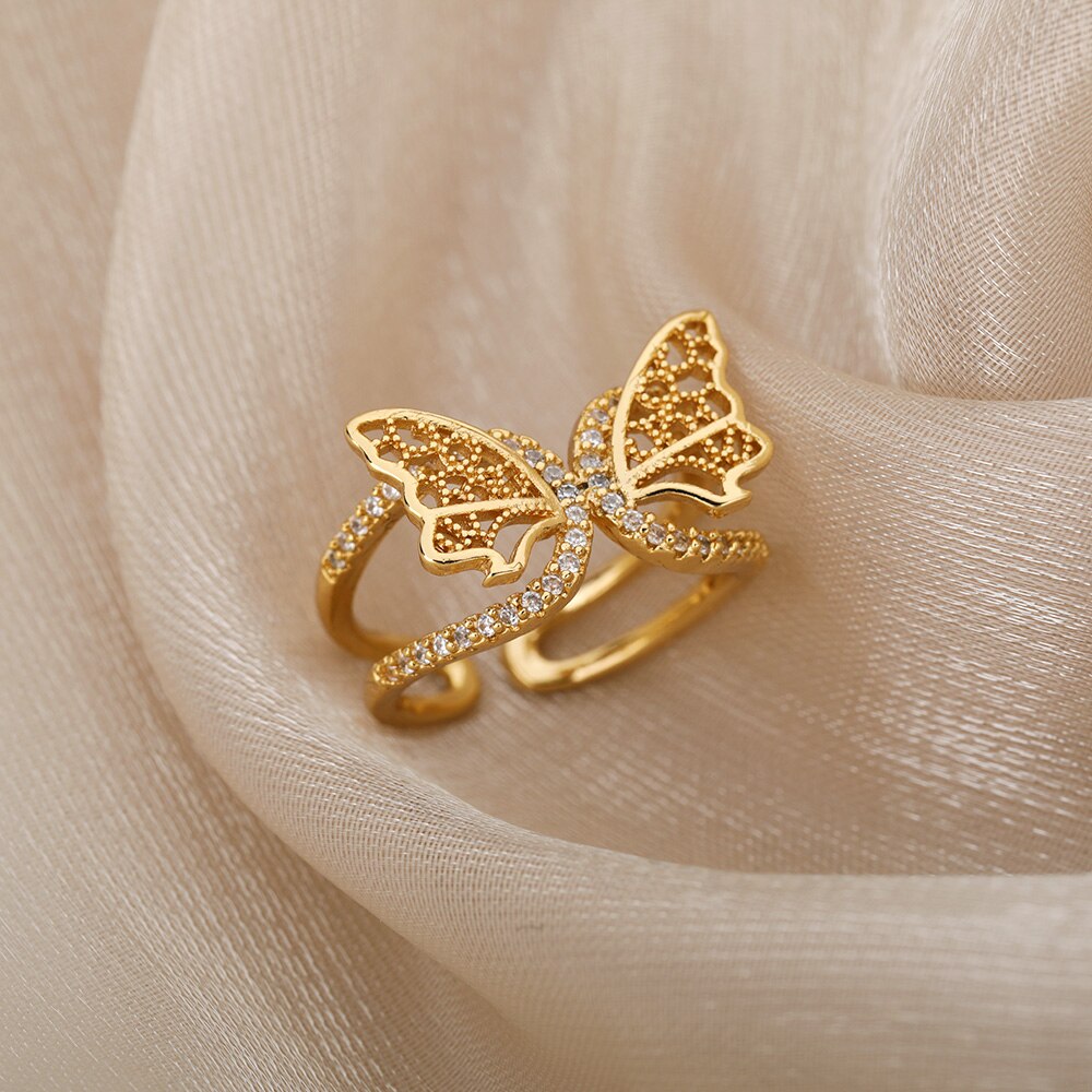 Crystal Butterfly Rings For Women Stainless Steel Female Gold Color Finger Ring Aesthetic Wedding Couple Jewerly anillos