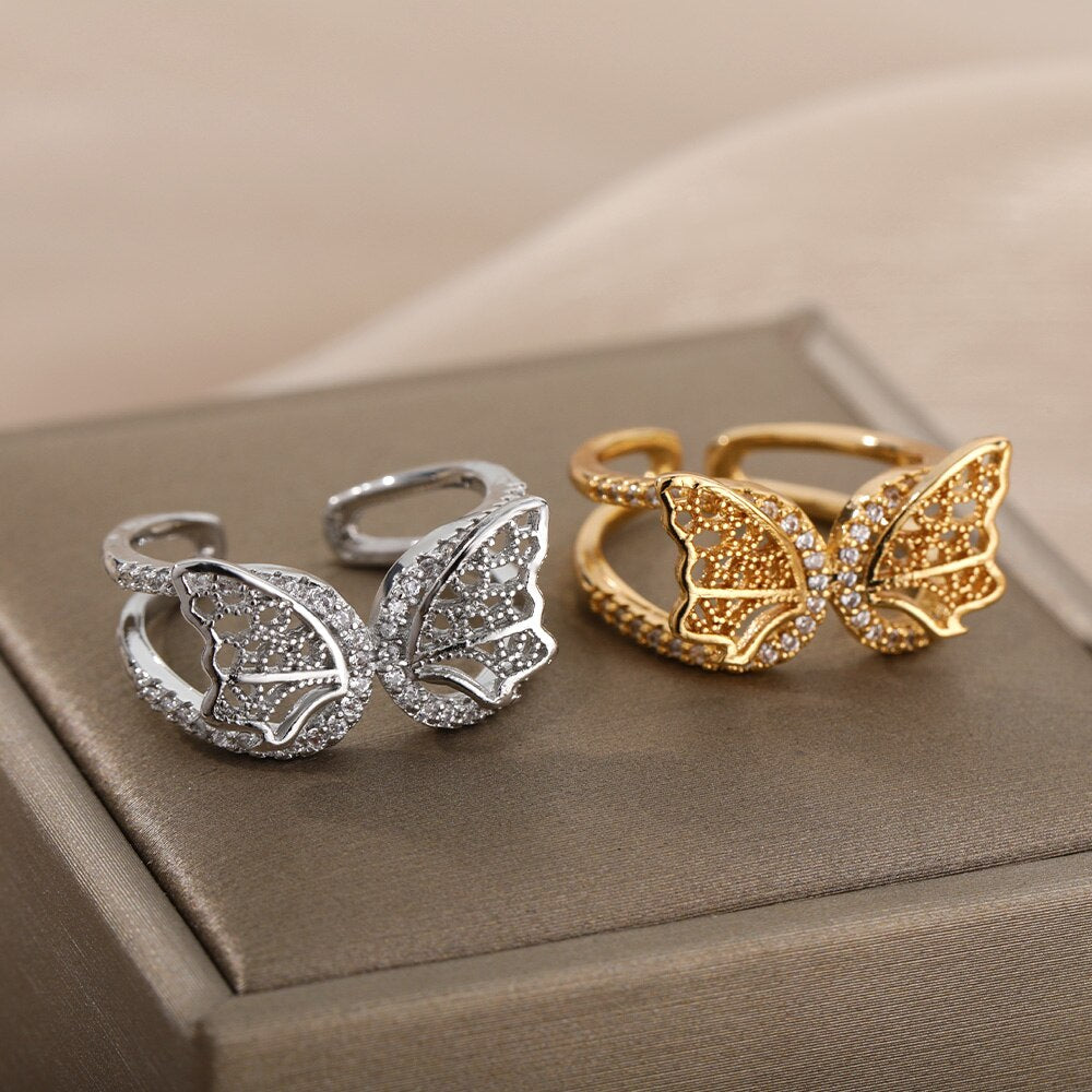 Crystal Butterfly Rings For Women Stainless Steel Female Gold Color Finger Ring Aesthetic Wedding Couple Jewerly anillos