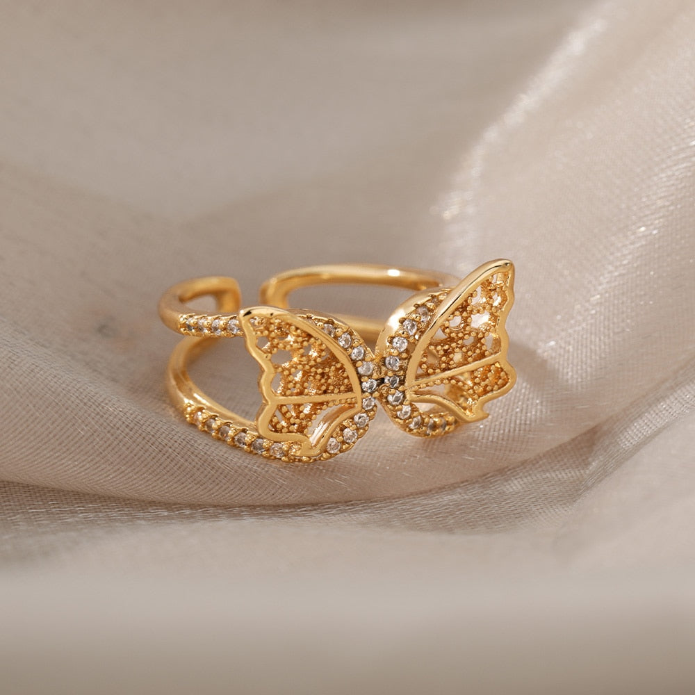 Crystal Butterfly Rings For Women Stainless Steel Female Gold Color Finger Ring Aesthetic Wedding Couple Jewerly anillos