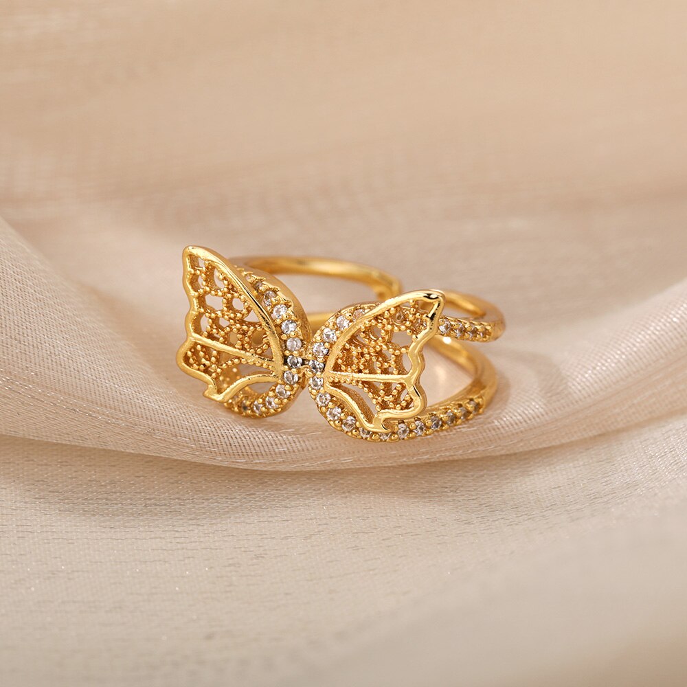 Crystal Butterfly Rings For Women Stainless Steel Female Gold Color Finger Ring Aesthetic Wedding Couple Jewerly anillos