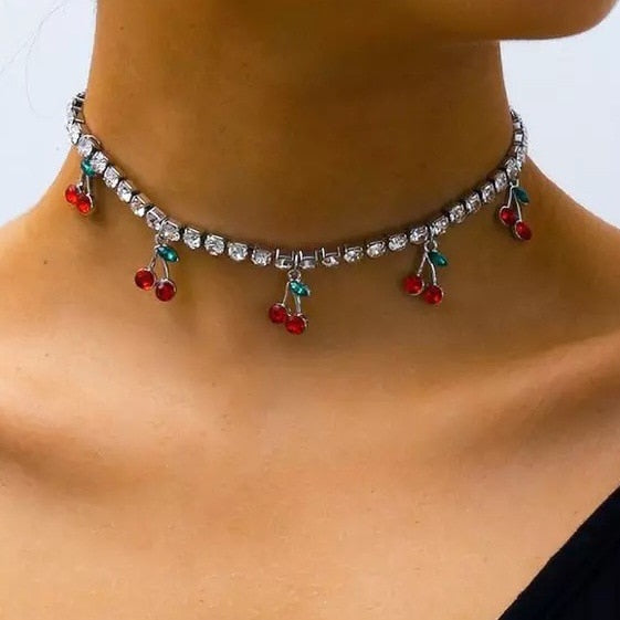 Crystal Cherry Pendant Necklaces for Women Choker Neck Chain Necklace Goth Accessories Punk Vintage Pendants Women's Jewelry