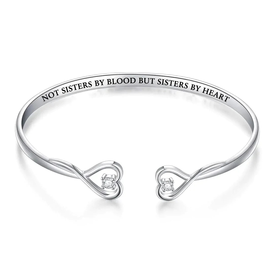 Crystal Double Heart Bowknot Bracelet Engraved NOT SISTERS BY BLOOD BUT SISTERS BY HEART Bangle Friendship Jewelry Gift