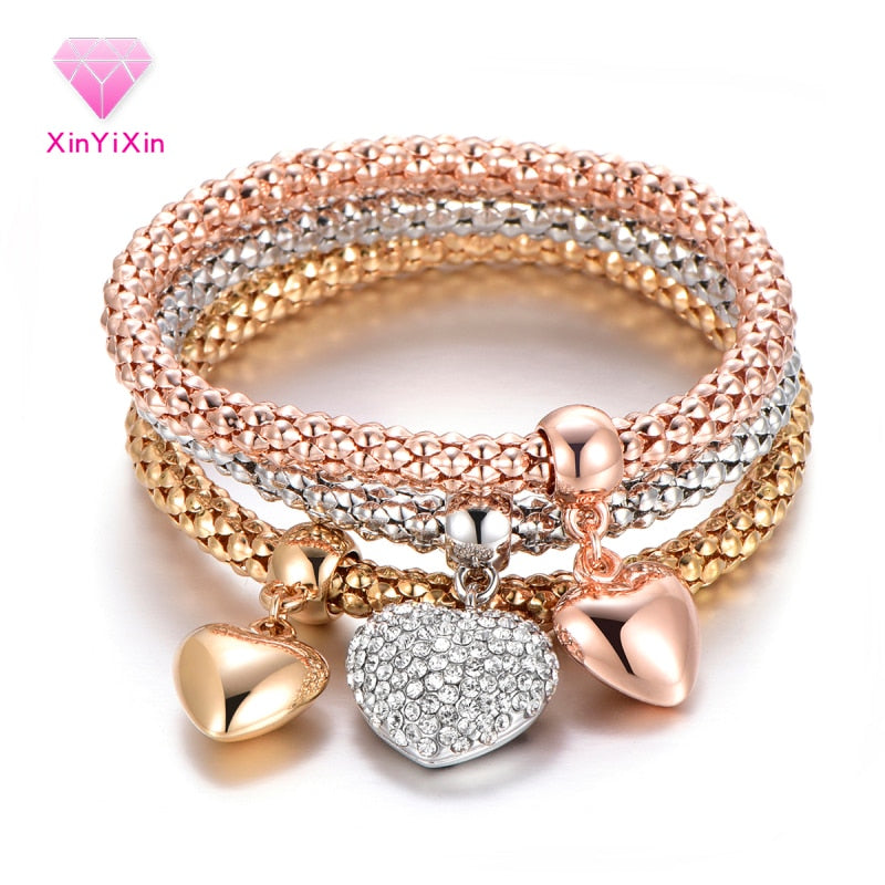 Crystal Heart Charm Bracelets & Bangles Rose Gold Silvery Popcorn Chain Love Heart Rhinestone Pendant Bracelet Women Party Gift