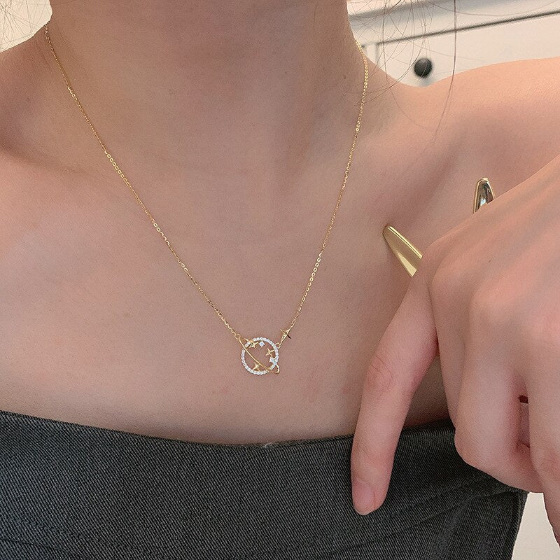 Crystal Hollow Universe Planet Star Pendant Necklace For Women Gold Silver Color Chain Necklaces Collar Collier Jewelry Gift
