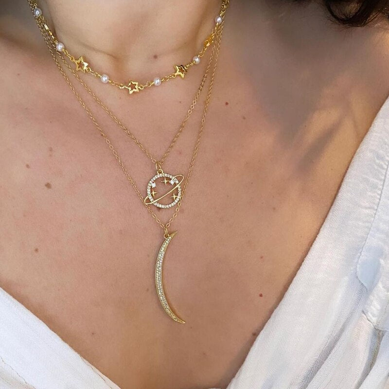 Crystal Hollow Universe Planet Star Pendant Necklace For Women Gold Silver Color Chain Necklaces Collar Collier Jewelry Gift