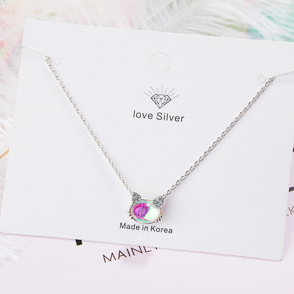 Crystal Necklace For Women Cat Pendant 925 Stamp Korean  Quality Fine Jewelry Aesthetic Accessories GaaBou