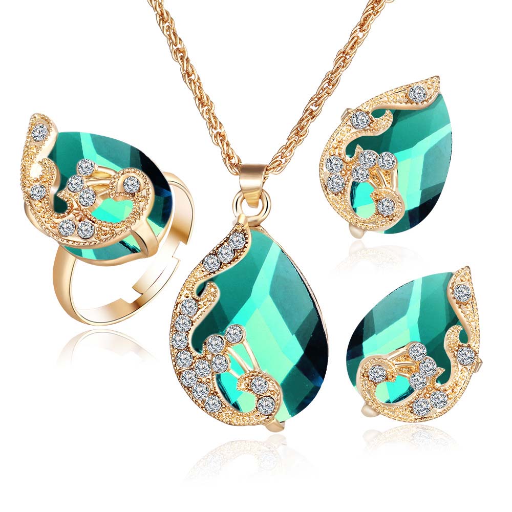 Crystal Peacock Jewelry Sets Bride Wedding Necklace Earring Ring Set Rhinestone Gold Color Water Drop Pendant Women Accessories