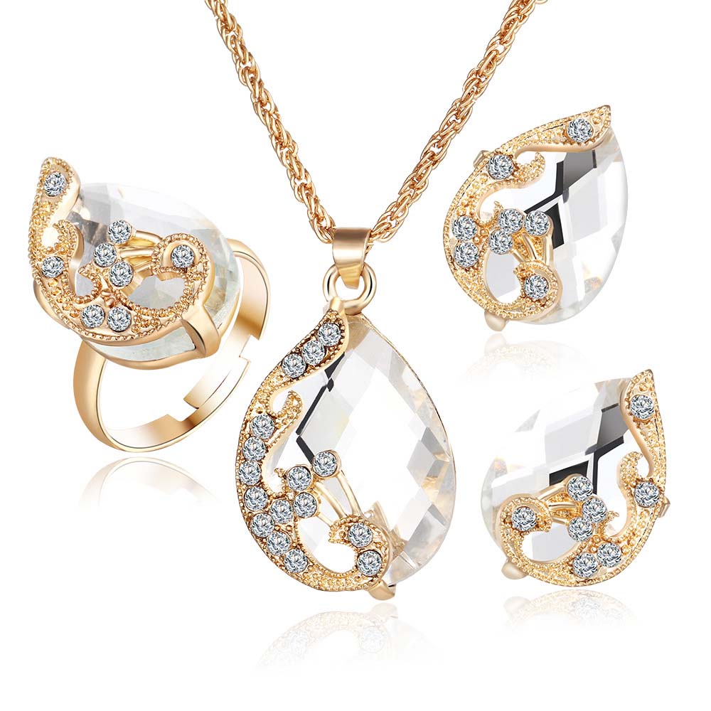 Crystal Peacock Jewelry Sets Bride Wedding Necklace Earring Ring Set Rhinestone Gold Color Water Drop Pendant Women Accessories