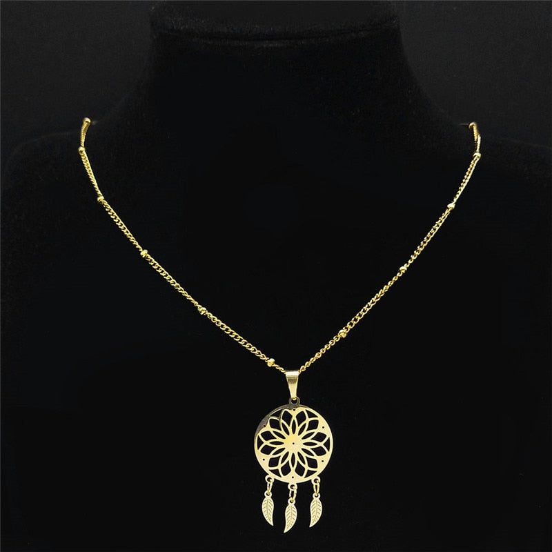 Crystal Stainless Steel Dreamcatcher Necklace Women Flower of Life Bohemia Charm Necklaces Boho Jewelry colgante N8010S05