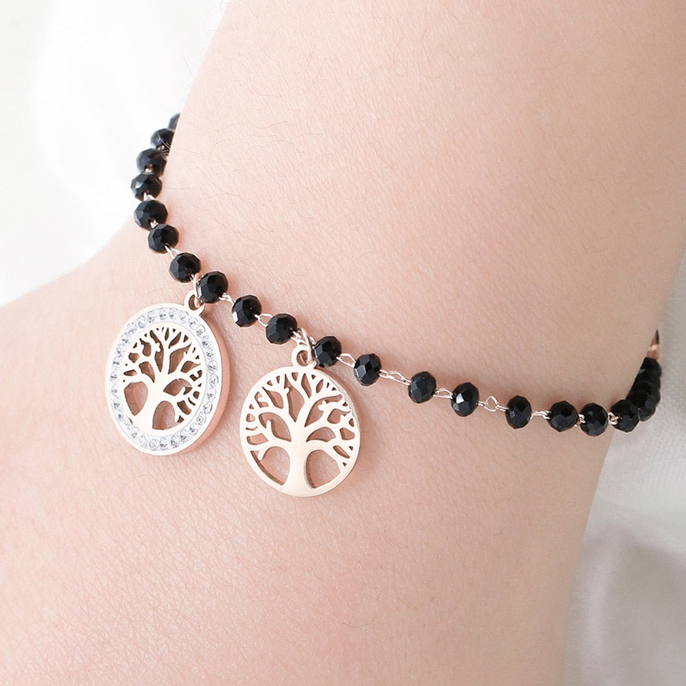 Crystal Tree Of Life Charm Bracelet For Women Stainless Steel Pendant Black Beads Chain Bracelets Jewelry Party Gift