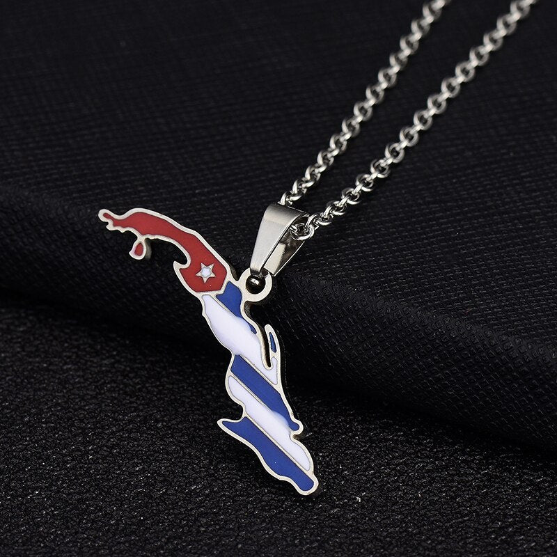 Cuba Map Flag Pendant Necklaces for Women,Map of Cuban Charm Silver Color/Gold Color Ethnic wind Stainless steel Jewelry Gifts