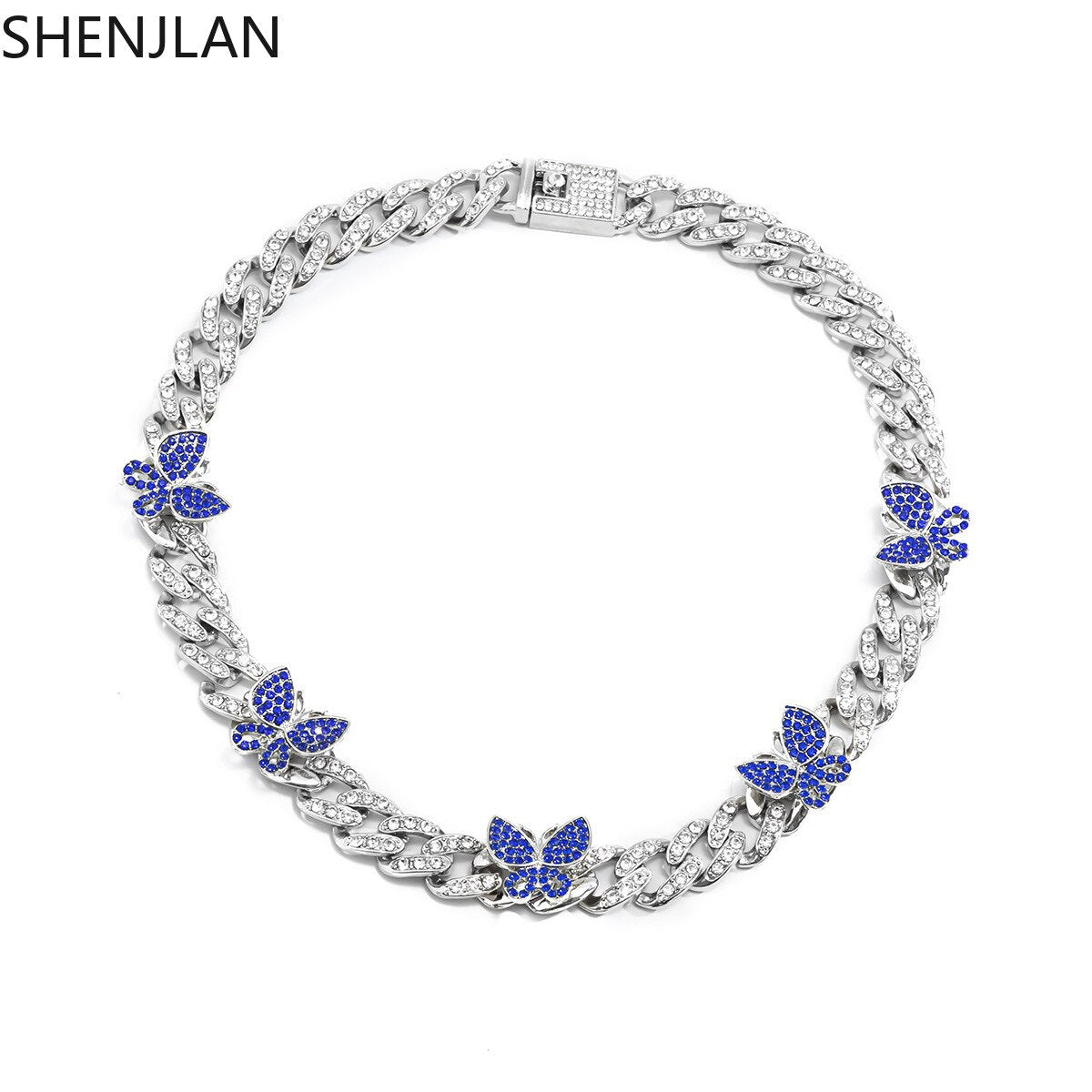Cuban Chain Blink Butterfly Necklace Choker Hip Hop Punk Jewelry Gold Silver Plated Rhinestone 2021 Trendy Jewelry For Women