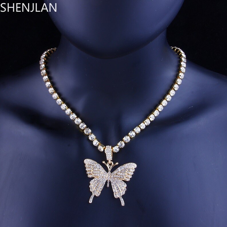 Cuban Chain Blink Butterfly Necklace Choker Hip Hop Punk Jewelry Gold Silver Plated Rhinestone 2021 Trendy Jewelry For Women