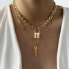 Cuban Link Chain Choker Necklace Punk Multilayer Padlock Key Long Pendant Necklace for Women Gold Color Collar Jewlery