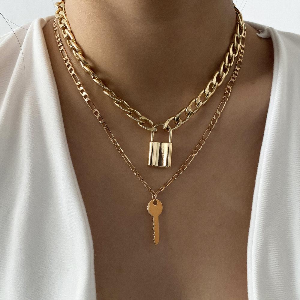 Cuban Link Chain Choker Necklace Punk Multilayer Padlock Key Long Pendant Necklace for Women Gold Color Collar Jewlery