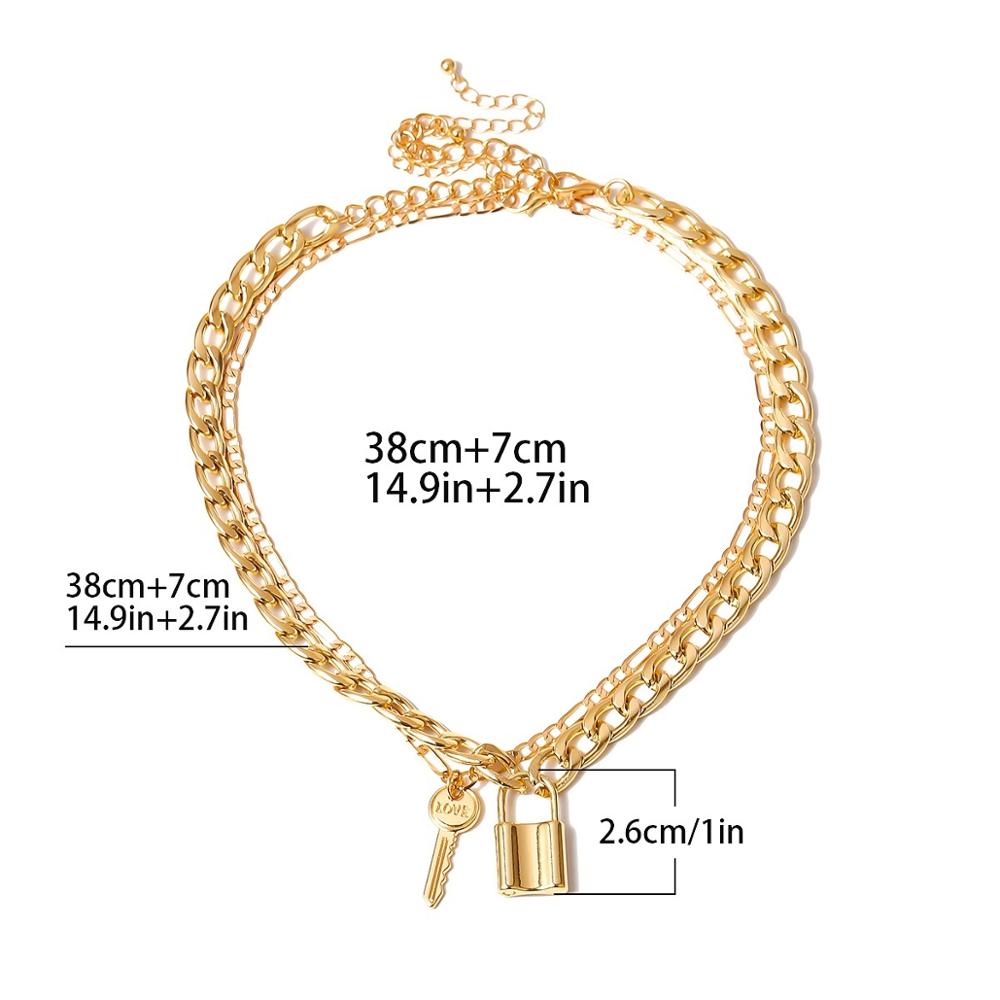 Cuban Link Chain Choker Necklace Punk Multilayer Padlock Key Long Pendant Necklace for Women Gold Color Collar Jewlery