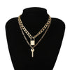 Cuban Link Chain Choker Necklace Punk Multilayer Padlock Key Long Pendant Necklace for Women Gold Color Collar Jewlery
