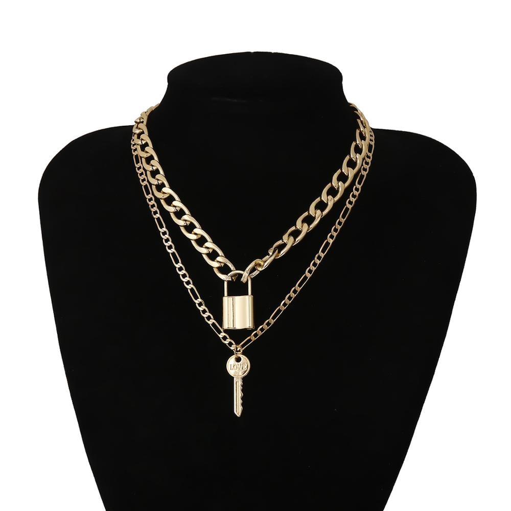 Cuban Link Chain Choker Necklace Punk Multilayer Padlock Key Long Pendant Necklace for Women Gold Color Collar Jewlery