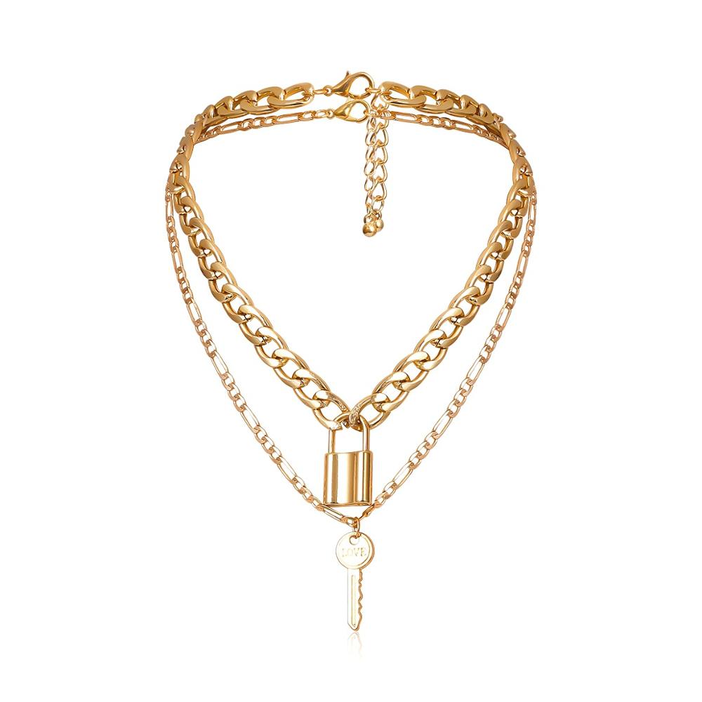 Cuban Link Chain Choker Necklace Punk Multilayer Padlock Key Long Pendant Necklace for Women Gold Color Collar Jewlery