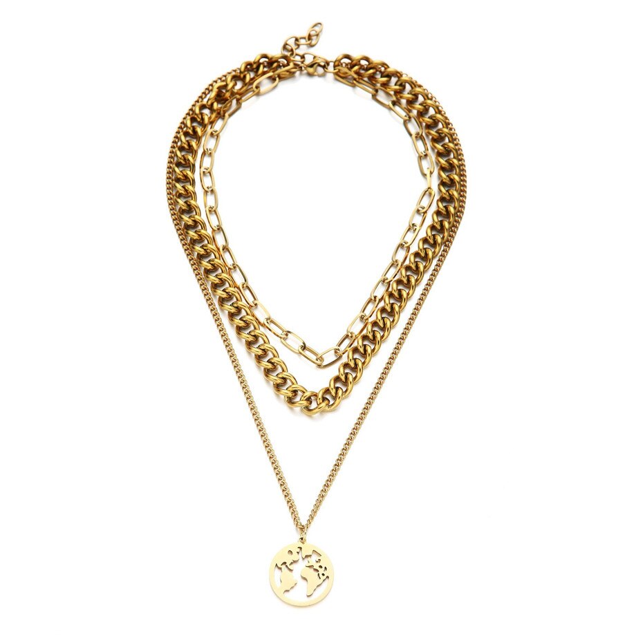 Cuban Link Chain Choker Necklace Punk Multilayer World Map Pendant Necklace for Women Gold Color Stainless Steel Collar Jewlery